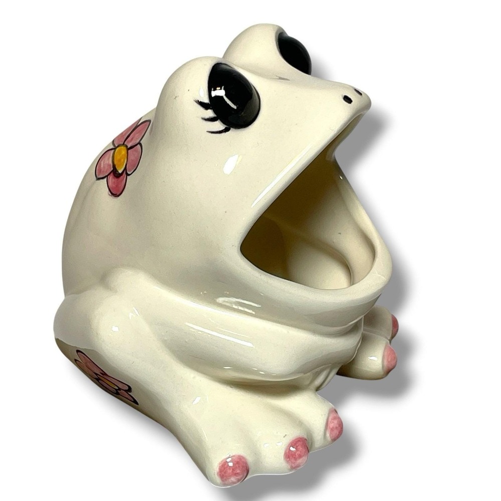 Vintage Studio Pottery Frog 1975 Pretty Eyes Pink Flowers Ceramic Sponge Holder - Picture 2 of 16